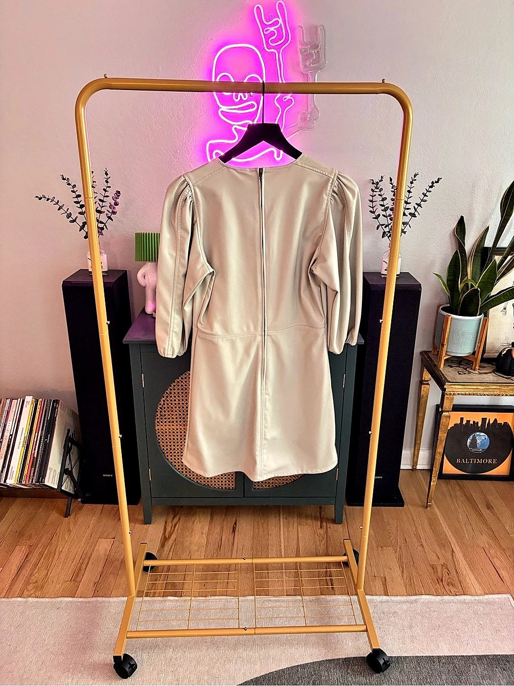 H&M Faux Leather Puff Sleeve Mini Dress Beige Small Like New - Picture 2 of 3
